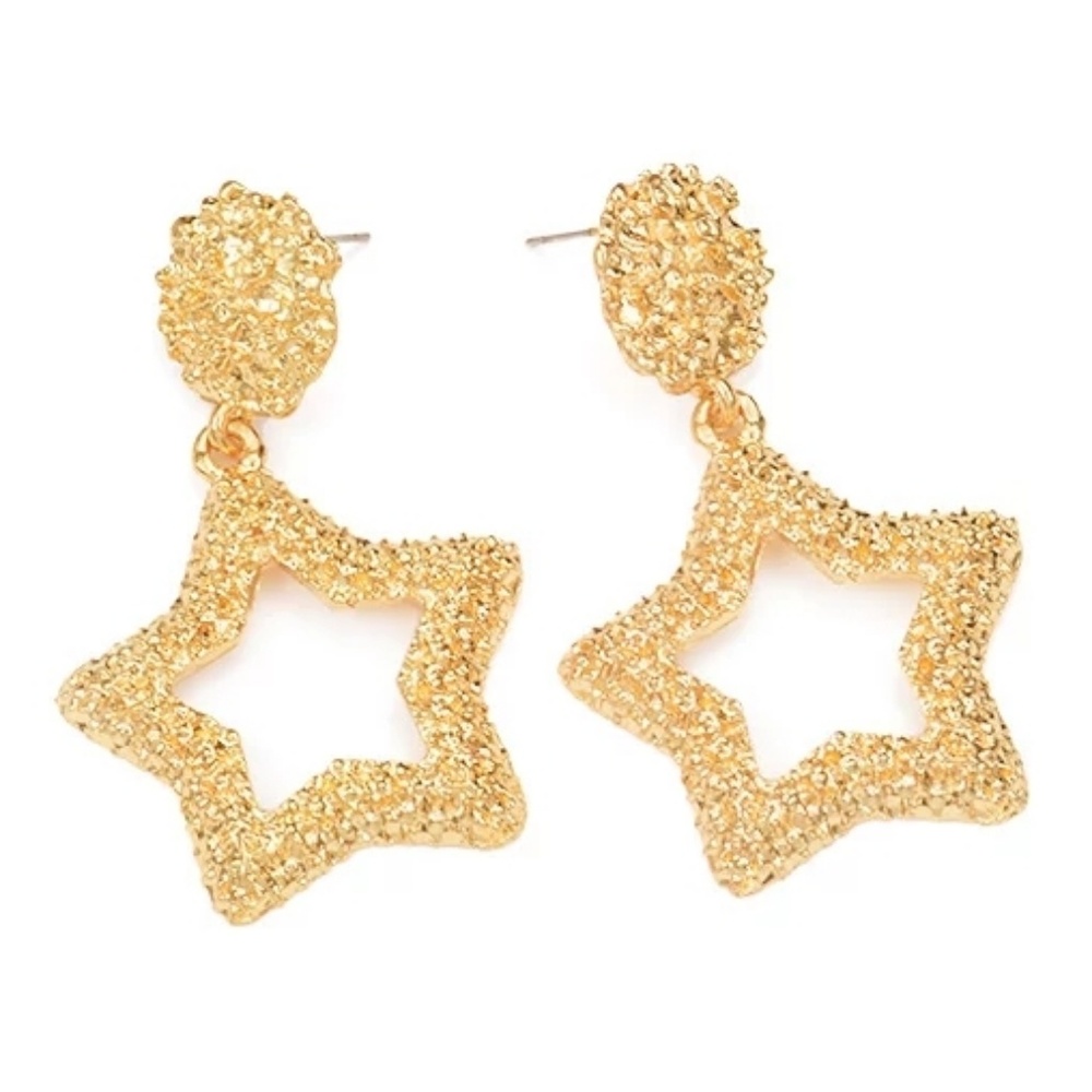 Gold Geometric Star Shaped Dangle Fashion Earrings Womens Drop Textured Metal - Picture 4 of 4